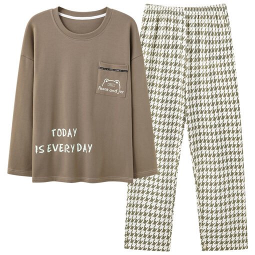 Vapetix M-XXXL  Autumn New 100% Cotton Crew Neck Pullover Long Sleeve Long Pants Sleepwear Set for Men and Women, C
