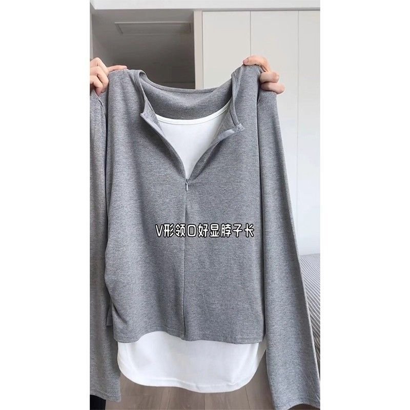 Vapetix M-4XL 40-count 1x1 thread cotton T-shirt, spring/autumn long-sleeve style—short, slim-fit, faux two-piece – Bild 5