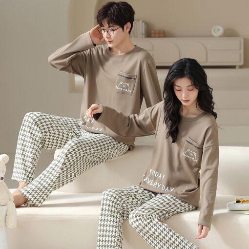Vapetix M-XXXL  Autumn New 100% Cotton Crew Neck Pullover Long Sleeve Long Pants Sleepwear Set for Men and Women, C – Bild 2