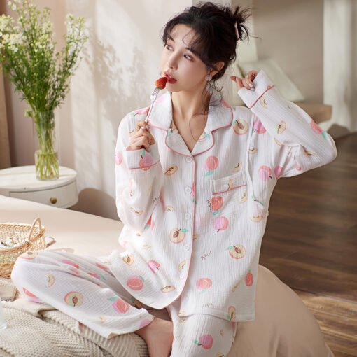 Vapetix M-XXXL  Autumn New 100% Cotton Gauze V-Neck Open-Front Long-Sleeve Long Pants Nightgown Set for Women Postp – Bild 5