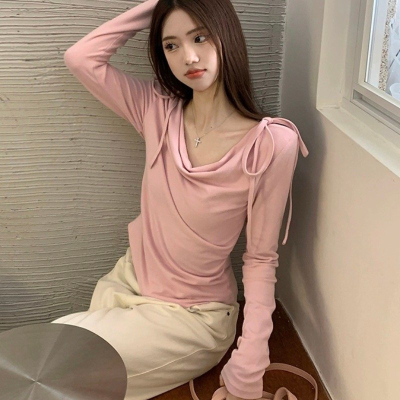 Vapetix S-XL Modest Cotton 260g Bowknot Strapped Off-the-Shoulder Long Sleeve T-shirt for Women - 2025 Autumn Ne – Bild 6