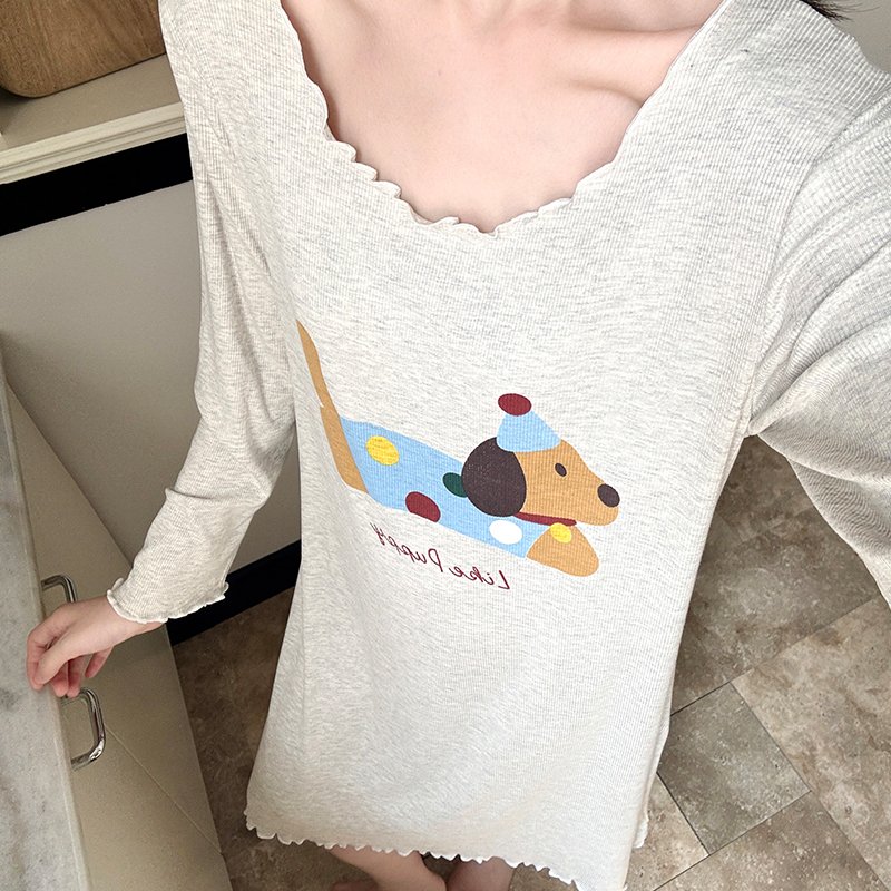 Vapetix M-XXL Xinbao (Autumn 80) Fall Medium-Length Loose Women's Cute Sweet Cartoon Ribbed Groove Cotton Homecom – Bild 3