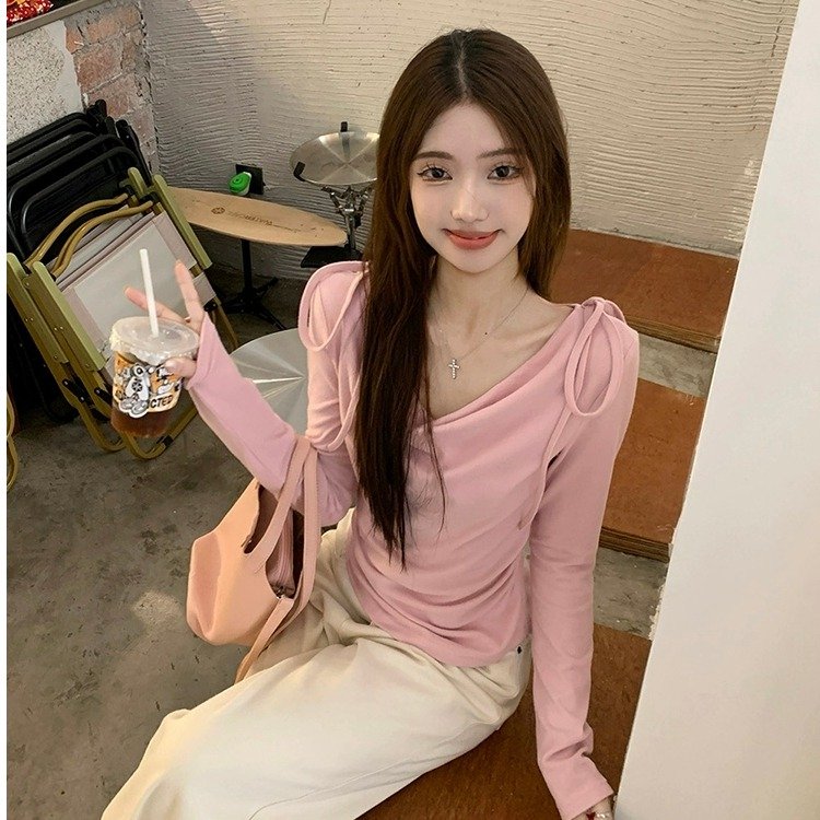 Vapetix S-XL Modest Cotton 260g Bowknot Strapped Off-the-Shoulder Long Sleeve T-shirt for Women - 2025 Autumn Ne – Bild 7