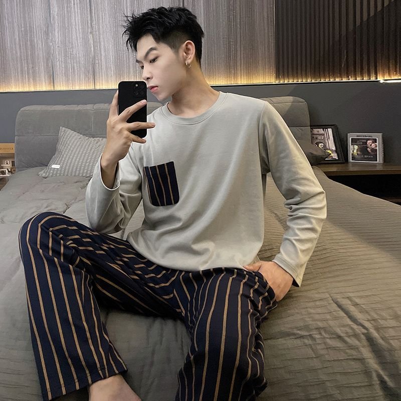 Vapetix L-XXXL Men's Spring and Autumn Winter Pajama Set with Double Pockets, Pull-on Style, Cotton-like Material, – Bild 4