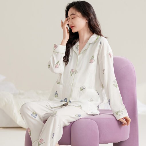 Vapetix M-XXL  Women's maternity sleepwear set, spring and autumn cloud cotton gauze open front cardigan, postpart – Bild 2