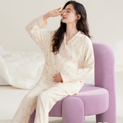 Vapetix M-XXL  Women's Cloud Cotton Gauze Cardigan Pregnancy Spring and Autumn Season Postpartum Nursing Home Set – Bild 2