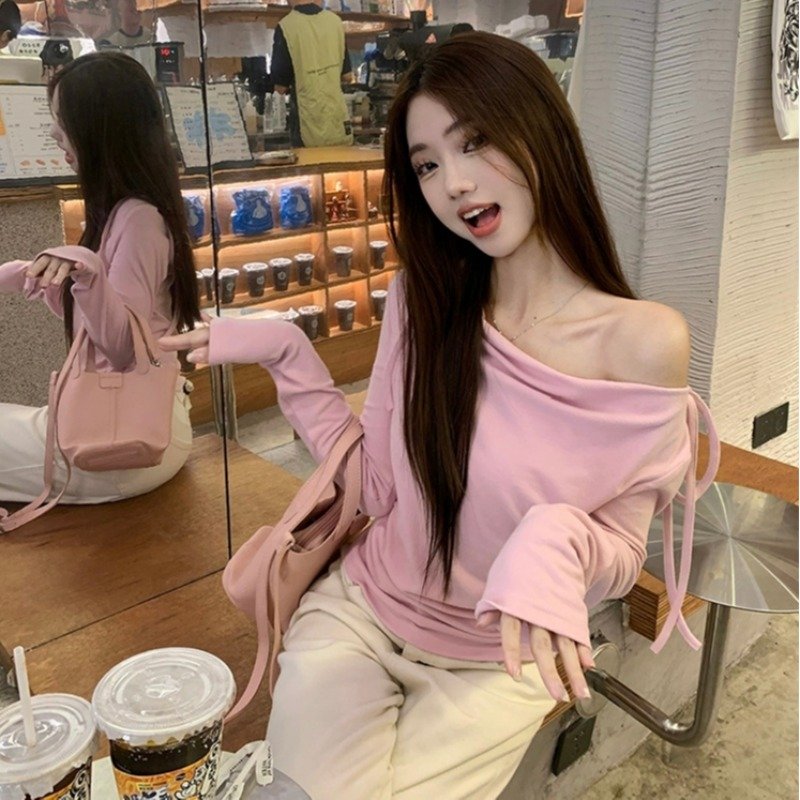 Vapetix S-XL Modest Cotton 260g Bowknot Strapped Off-the-Shoulder Long Sleeve T-shirt for Women - 2025 Autumn Ne – Bild 8