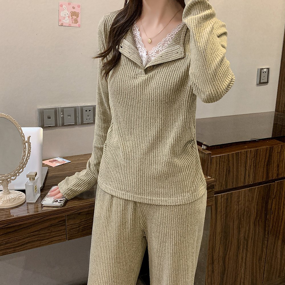 Vapetix M-XXL Cashmere Korean-style casual fixed-cup sleepwear with V-neck lace, plain cashmere ribbed hole strip – Bild 4