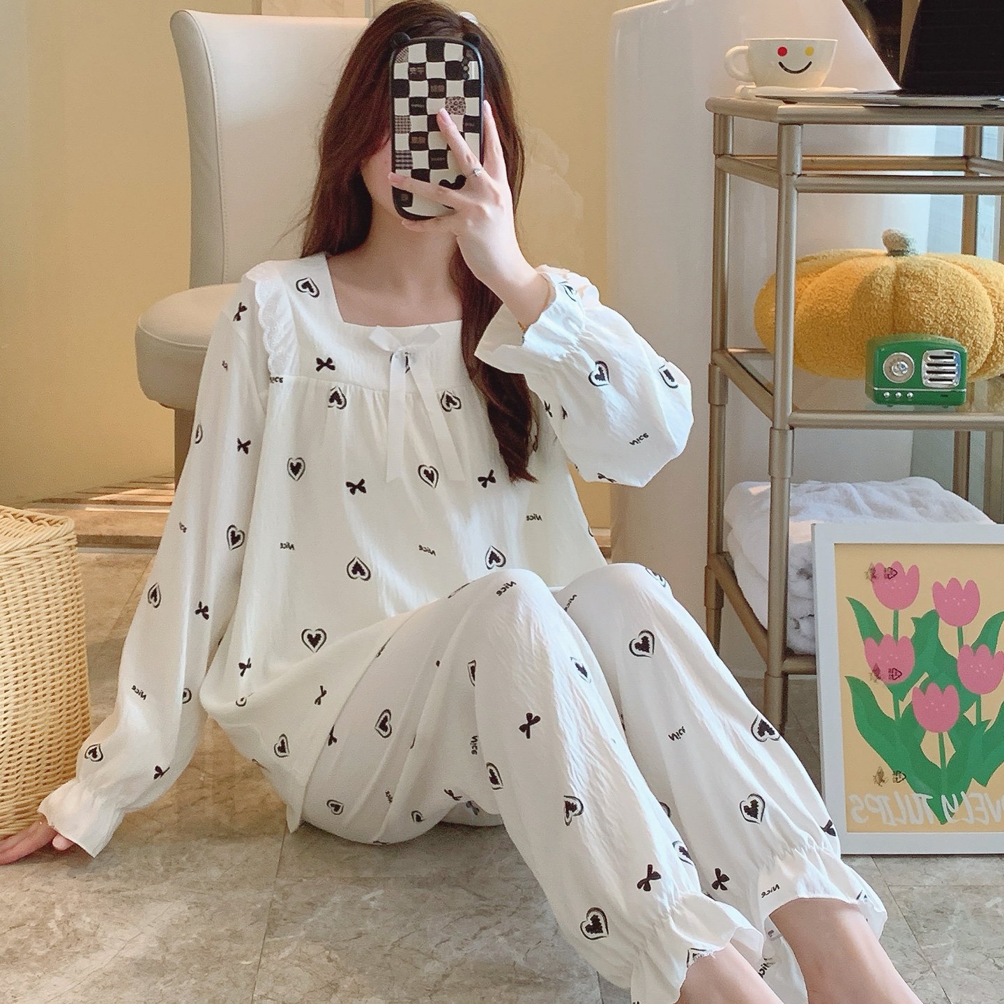 Vapetix M-XXL Jo Mengran 2025 Autumn Cloud Cotton Square Collar Long Sleeve Long Pants Pajama Set for Women Princ