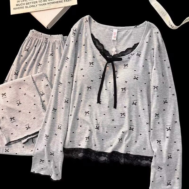 Vapetix M-XXL Spring and Autumn Floral Edge Butterfly Bow Blouse and Pants Set with Bralette for Women, Ice Silk - 图片 2