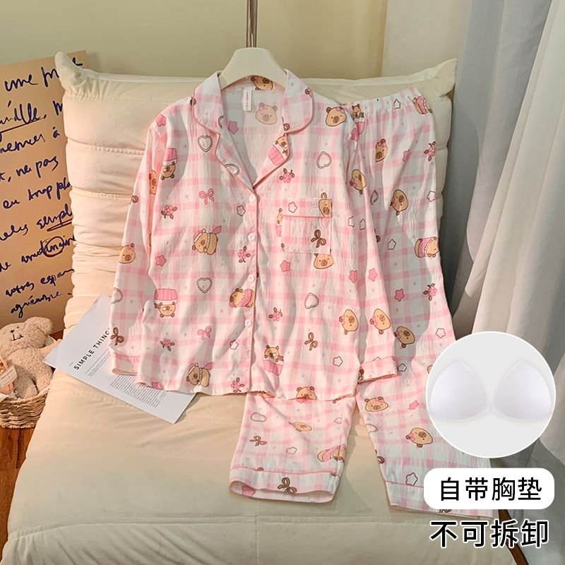 Vapetix M-XXL Women's Autumn New Sleepwear Set with Built-in Bralette, Woven Cloud Cotton Cardigan, Sweet Long-Sl - 图片 3