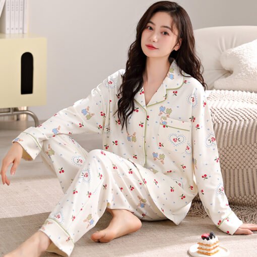 Vapetix M-XXXL  Autumn New Women's 6040 Cotton Collarless Open Front Long Sleeve Long Pants Pajama Set for Women Ho – Bild 3