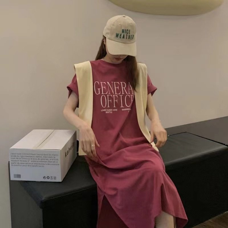 Vapetix M-2XL Summer Port Homewear Pajama Dress with Letter Print, Split Design – Women's Trendy Long-Style Loose