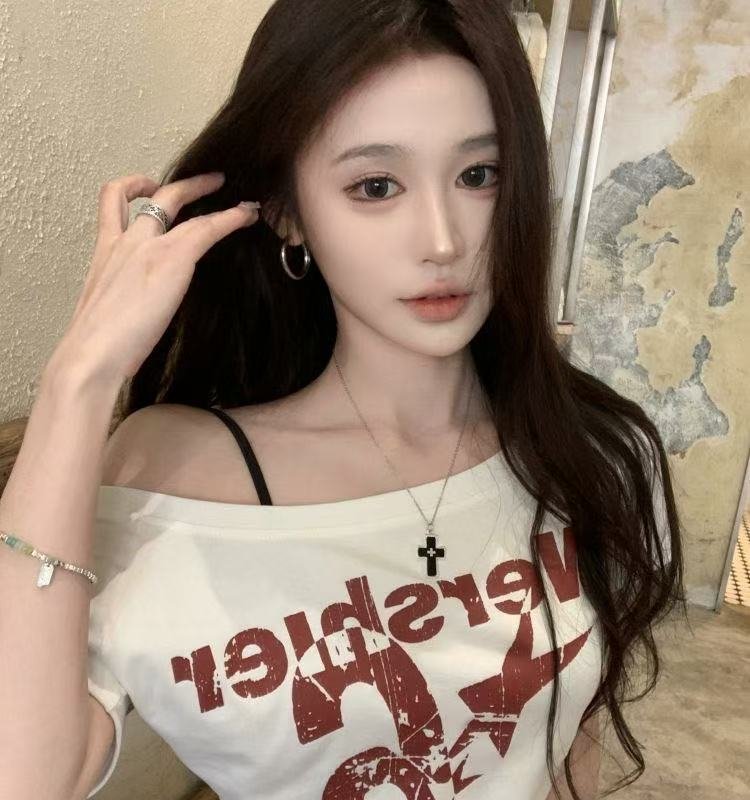 Vapetix S 80-99-XL 120-130 American Style Spicy Girl White Off-the-Shoulder Strapless Short Sleeve T-Shirt for Women - Summer