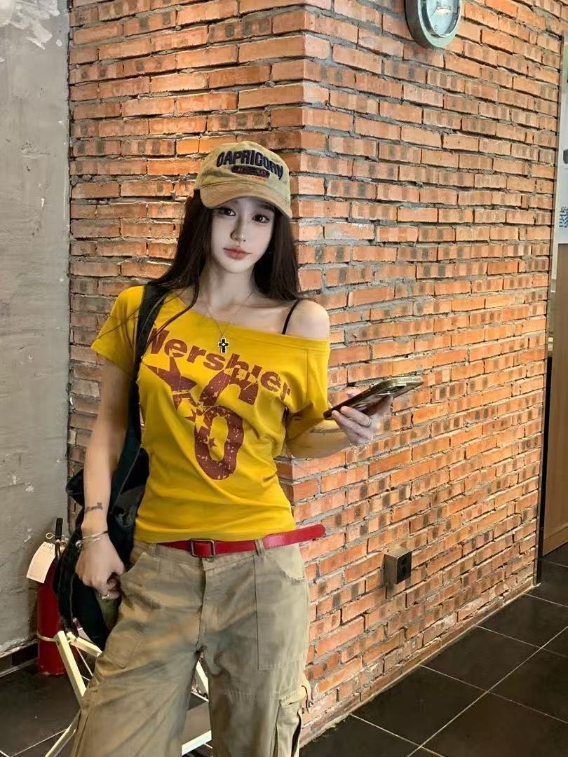 Vapetix S 80-99-XL 120-130 American Style Spicy Girl White Off-the-Shoulder Strapless Short Sleeve T-Shirt for Women - Summer – Bild 2