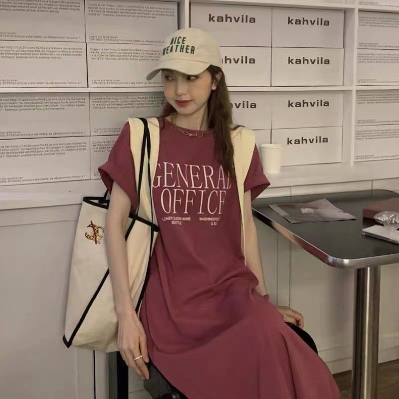 Vapetix M-2XL Summer Port Homewear Pajama Dress with Letter Print, Split Design – Women's Trendy Long-Style Loose - 图片 2
