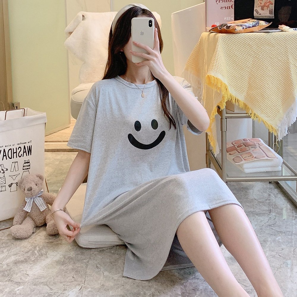 Vapetix Free Size-Free Size Sleepwear for women, summer thin short-sleeved cartoon cute smiling dress, loose home clothes, lazy - 图片 2