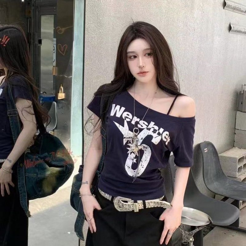 Vapetix S 80-99-XL 120-130 American Style Spicy Girl White Off-the-Shoulder Strapless Short Sleeve T-Shirt for Women - Summer – Bild 3