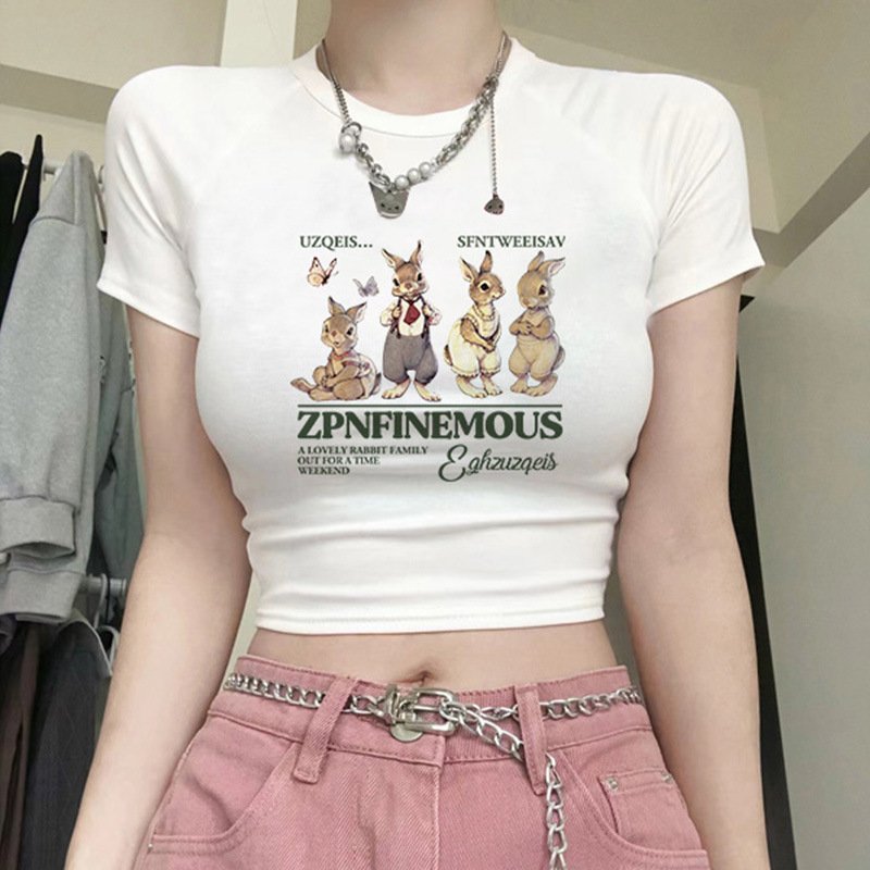 Vapetix M-XXL White Rabbit Print Off-Shoulder Cropped T-Shirt for Women | Summer, Slim-Fit, Edgy Short-Sleeve Top – Bild 2