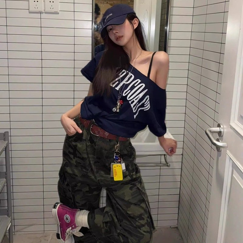 Vapetix S-XL 【Original Version Style】2025 Summer Retro Hot Girl Sloping Shoulder Short Sleeve T-Shirt Lazy Style – Bild 3