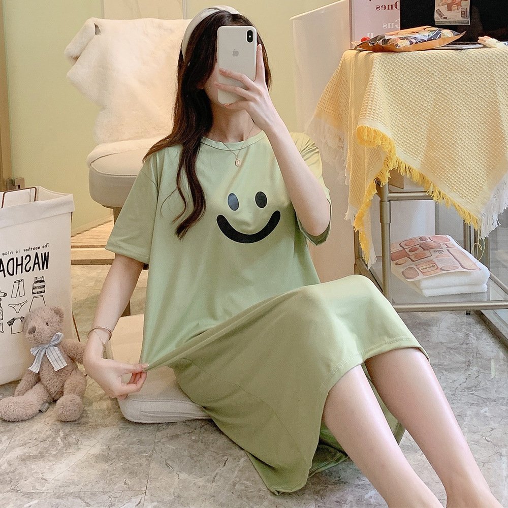 Vapetix Free Size-Free Size Sleepwear for women, summer thin short-sleeved cartoon cute smiling dress, loose home clothes, lazy - 图片 6