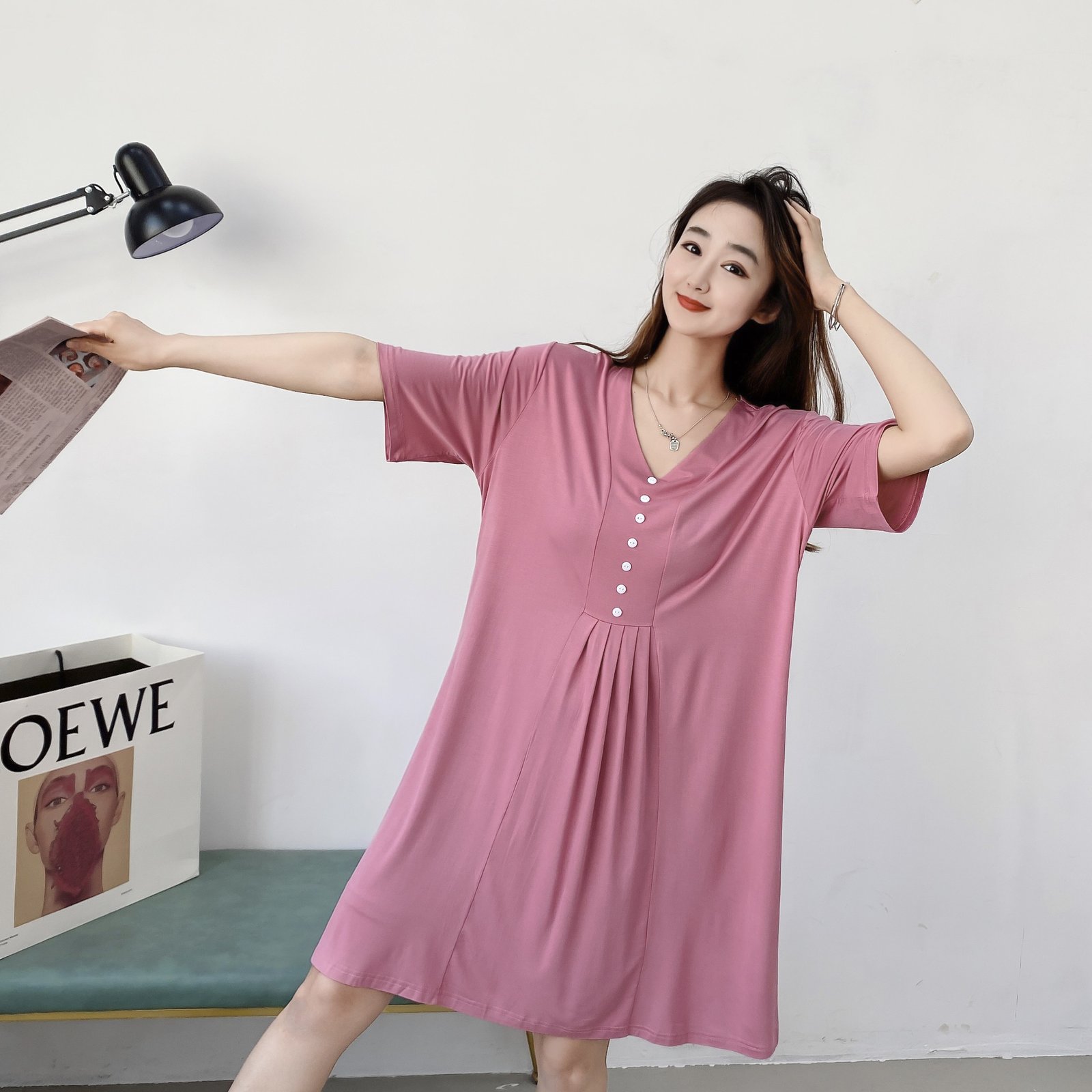 Vapetix M-XL Modesty sleeper dress with buttoned pleats, fashionable home dress, lively, medium-long dress, can – Bild 3