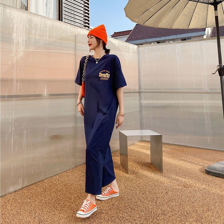 Vapetix M-2XL Korean-style summer fashion plus-size sleepwear with split print T-shirt dress, long knee-length ho – Bild 4