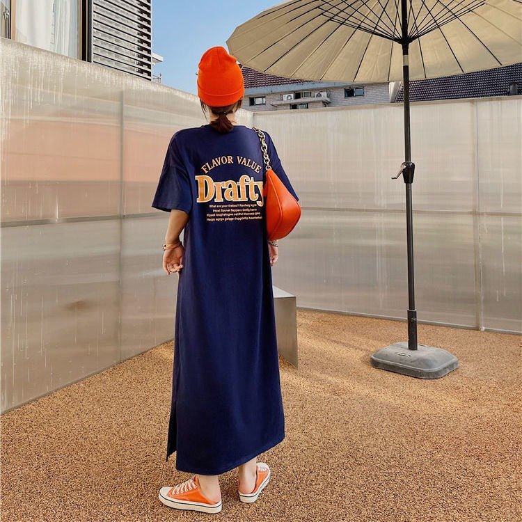 Vapetix M-2XL Korean-style summer fashion plus-size sleepwear with split print T-shirt dress, long knee-length ho – Bild 5