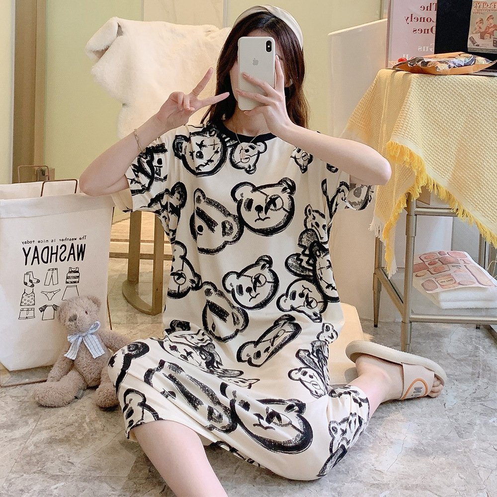 Vapetix Free Size-Free Size Sleepwear for women, summer thin short-sleeved cartoon cute smiling dress, loose home clothes, lazy - 图片 8