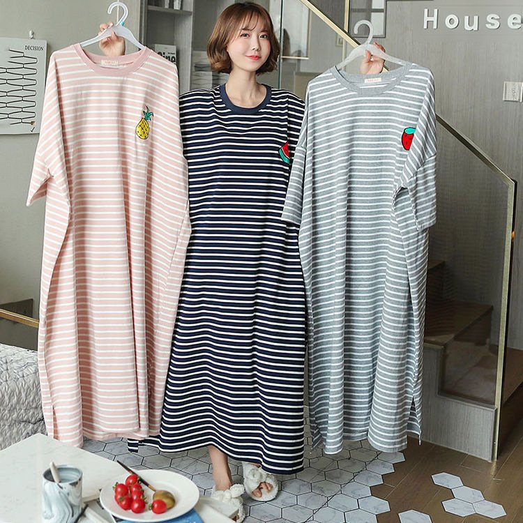 Vapetix M-XXL Summer sleepwear for women, short-sleeve fruit cartoon loose home clothes, plus-size striped nightg - 图片 2