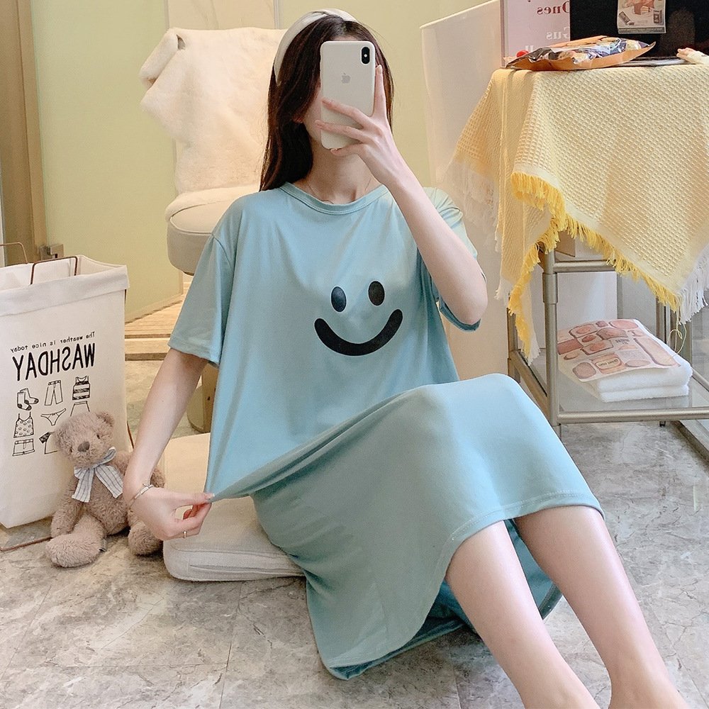 Vapetix Free Size-Free Size Sleepwear for women, summer thin short-sleeved cartoon cute smiling dress, loose home clothes, lazy - 图片 9