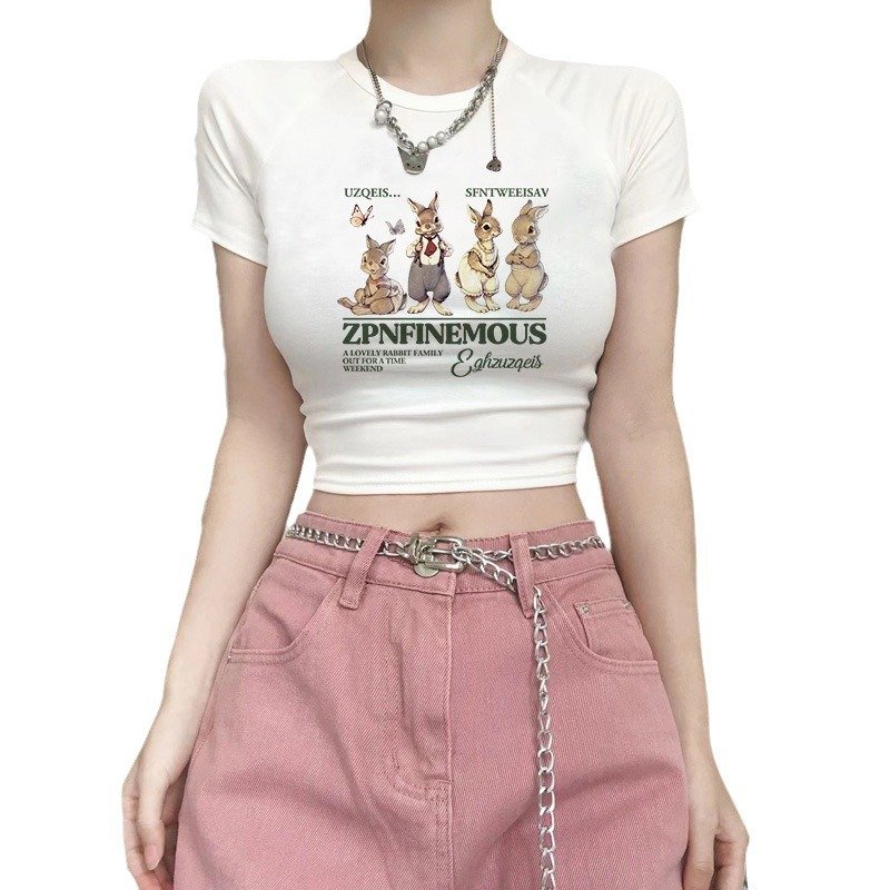 Vapetix M-XXL White Rabbit Print Off-Shoulder Cropped T-Shirt for Women | Summer, Slim-Fit, Edgy Short-Sleeve Top – Bild 5