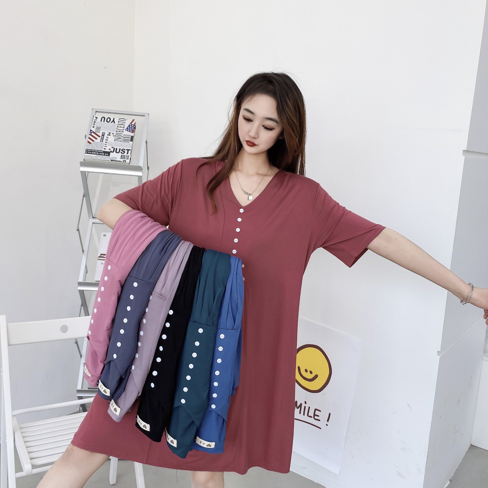 Vapetix M-XL Modesty sleeper dress with buttoned pleats, fashionable home dress, lively, medium-long dress, can – Bild 5