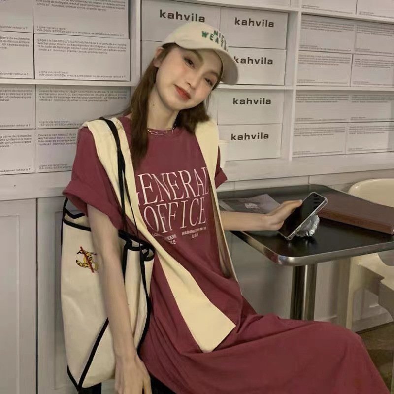 Vapetix M-2XL Summer Port Homewear Pajama Dress with Letter Print, Split Design – Women's Trendy Long-Style Loose - 图片 6