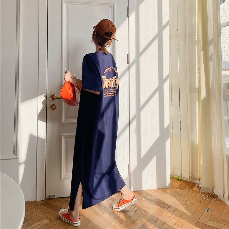 Vapetix M-2XL Korean-style summer fashion plus-size sleepwear with split print T-shirt dress, long knee-length ho – Bild 8