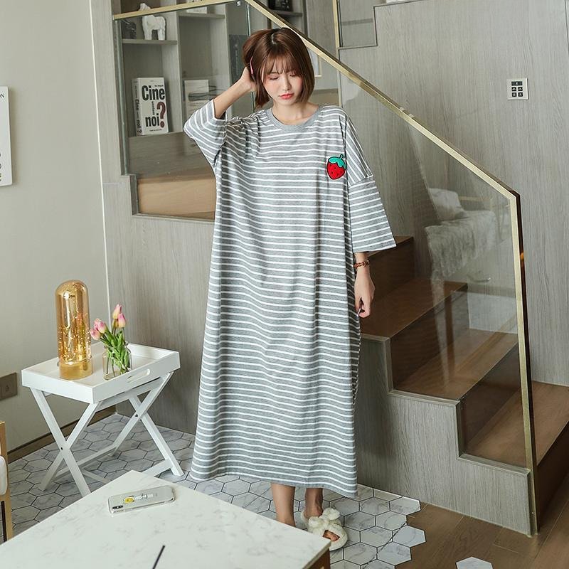 Vapetix M-XXL Summer sleepwear for women, short-sleeve fruit cartoon loose home clothes, plus-size striped nightg - 图片 3
