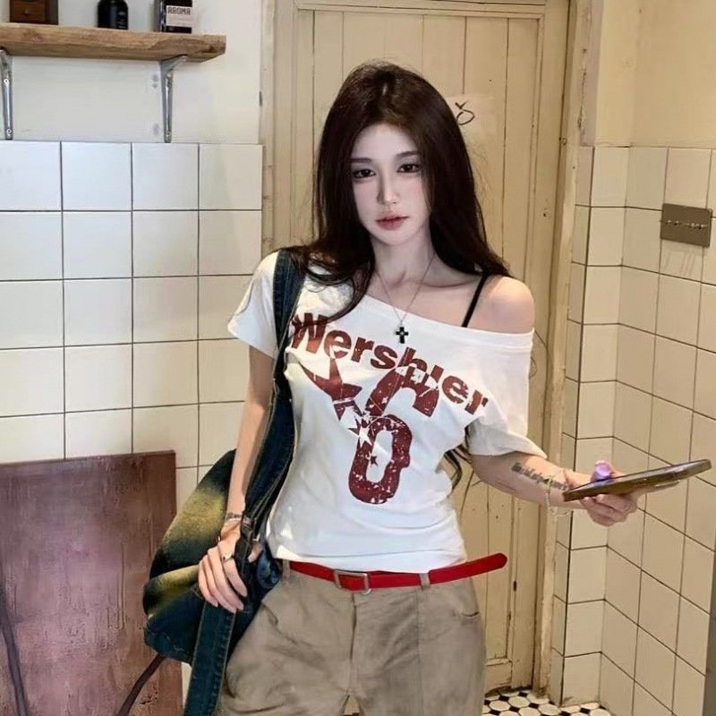 Vapetix S 80-99-XL 120-130 American Style Spicy Girl White Off-the-Shoulder Strapless Short Sleeve T-Shirt for Women - Summer – Bild 8