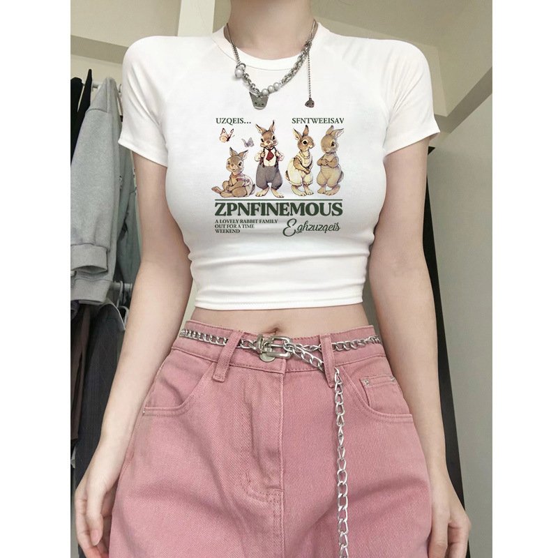 Vapetix M-XXL White Rabbit Print Off-Shoulder Cropped T-Shirt for Women | Summer, Slim-Fit, Edgy Short-Sleeve Top – Bild 7