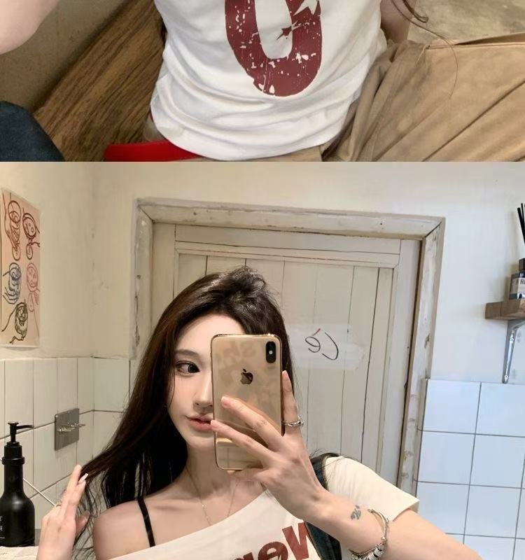 Vapetix S 80-99-XL 120-130 American Style Spicy Girl White Off-the-Shoulder Strapless Short Sleeve T-Shirt for Women - Summer – Bild 9