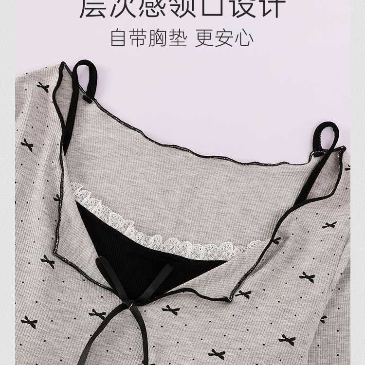 Vapetix M-XXL Spring and Autumn Floral Edge Butterfly Bow Pajama Set for Women with Bralette, Ice Silk Ribbed Lon - 图片 3