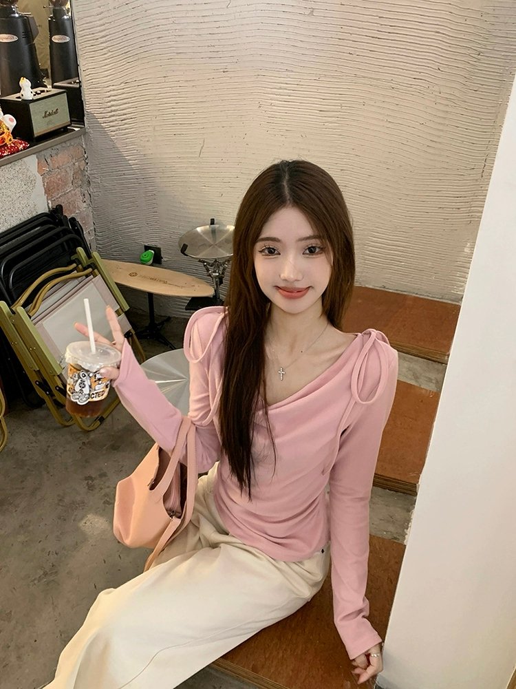 Vapetix S-XL Modest Cotton 260g Bowknot Strapped Off-the-Shoulder Long Sleeve T-shirt for Women - 2025 Autumn Ne – Bild 9