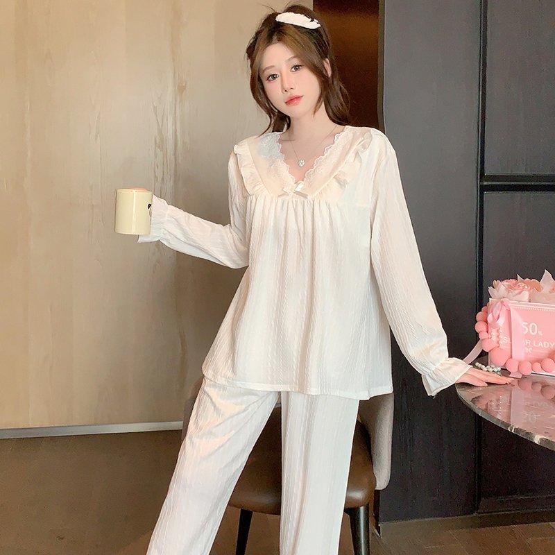 Vapetix M-XXL Fixed Bra Cup V-Neck Lace Sweet Princess Style Homecoming Pajamas Spring and Autumn 6535 Damask Cot – Bild 3