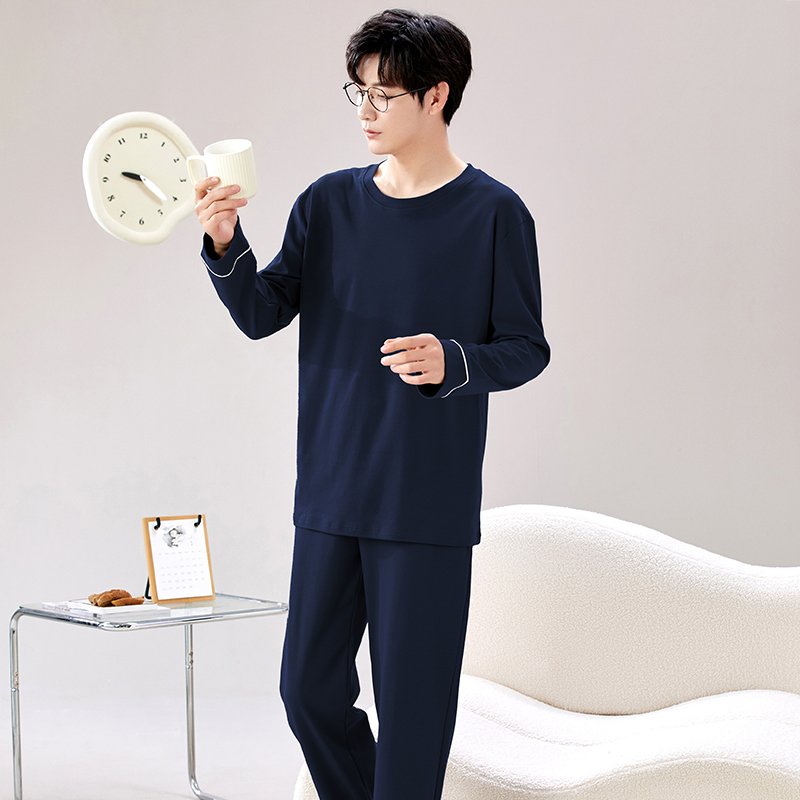 Vapetix L-XXXL Men's Spring and Autumn Sleepwear Set - Pure Cotton, Solid Color, Long Sleeve, Long Pants, New Styl