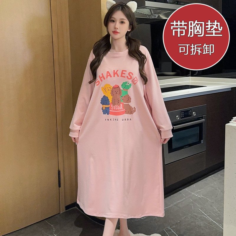 Vapetix 160(M)-5XL Women's Dual-Sided Fleece Pajama Set with Built-in Bra Cup, Long Sleeve, Mid-Length Pajama Dress, S