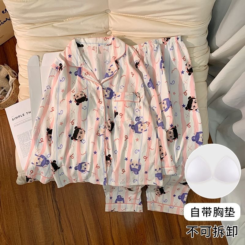 Vapetix M-XXL Women's Autumn New Pajama Set with Bra Cup Knitted Cloud Cotton Cardigan Sweet Long Sleeve Home Wea – Bild 3