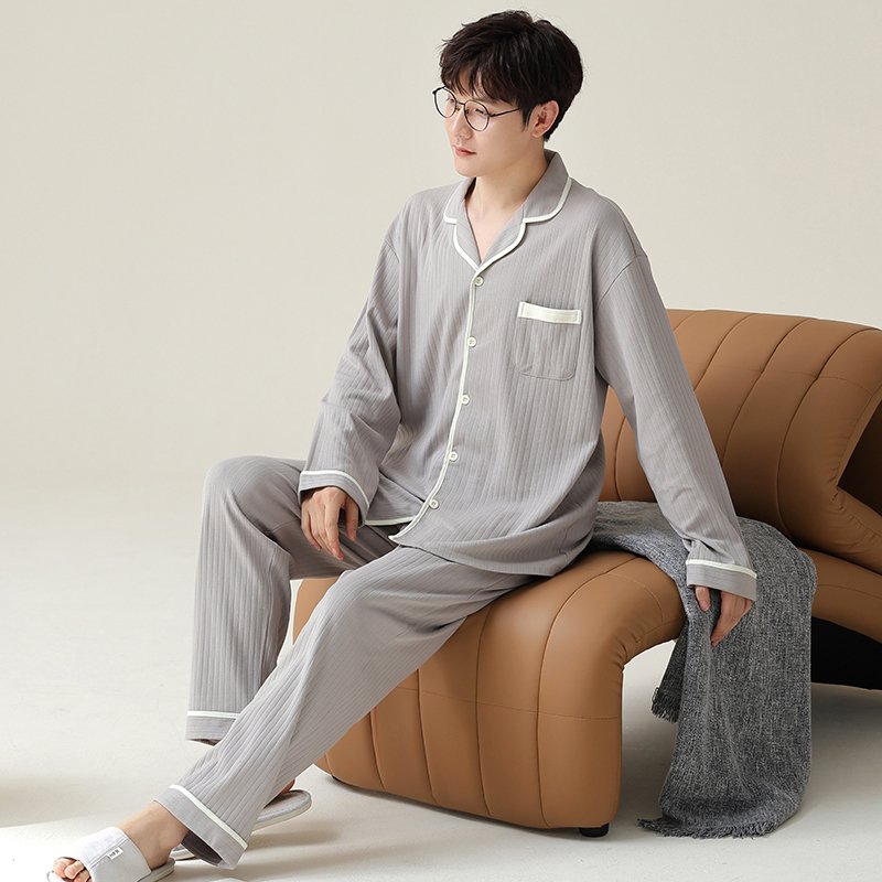 Vapetix L-4XL Fall New Cotton-imitation Men's Large Placket Collar Open Top Long Sleeve Long Pants Pajamas Set fo - 图片 5