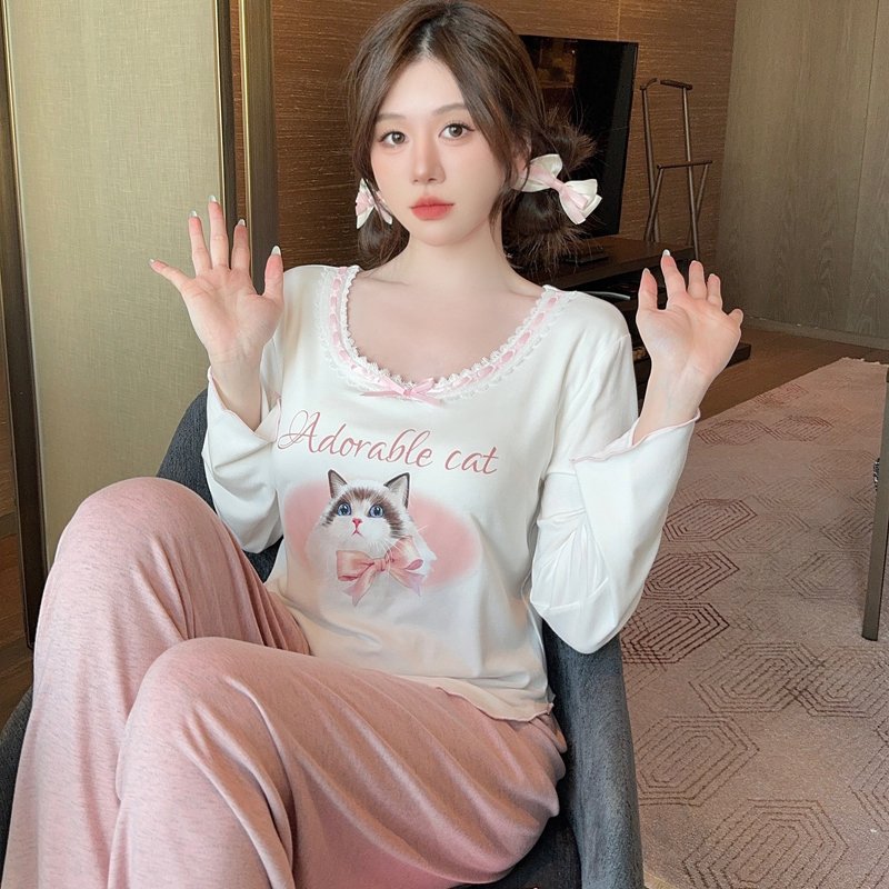 Vapetix M-XL 【With Undetachable Chest Pad】Spring and Autumn Long Sleeve Women's Modal Cat Sweet Home Dress Set – Bild 5