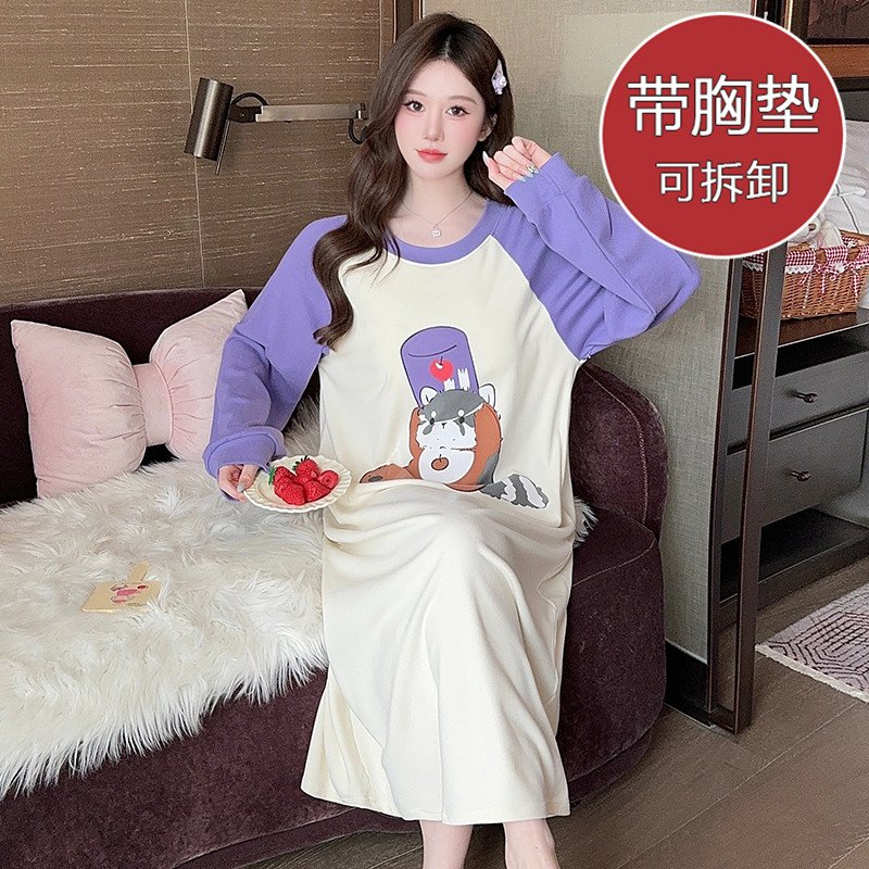 Vapetix 160(M)-5XL 【Qiao Mengran】Two-Faced Fleece 2025 New Cartoon Style Sleep Gown with Bra Cup Mid-Long Homecoming D