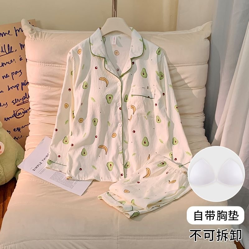 Vapetix M-XXL Women's New Fall Pajama Set with Chest Pad Knit Cloud Cotton Cardigan Sweet Long Sleeve Homecoming – Bild 3