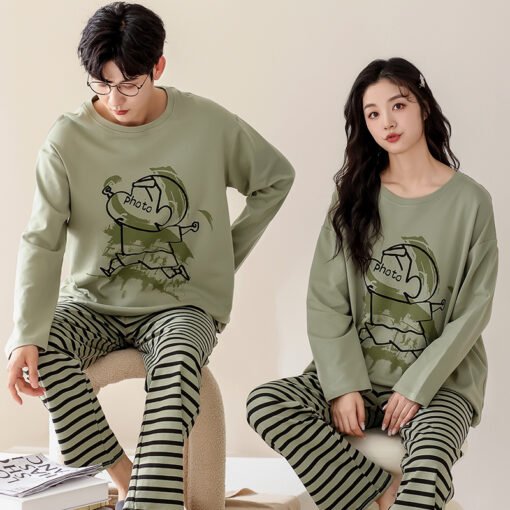 Vapetix M-XXXL  New Autumn 100% Cotton Crew Neck Pullover Long Sleeve Long Pants Sleepwear Set for Men and Women, C – Bild 3